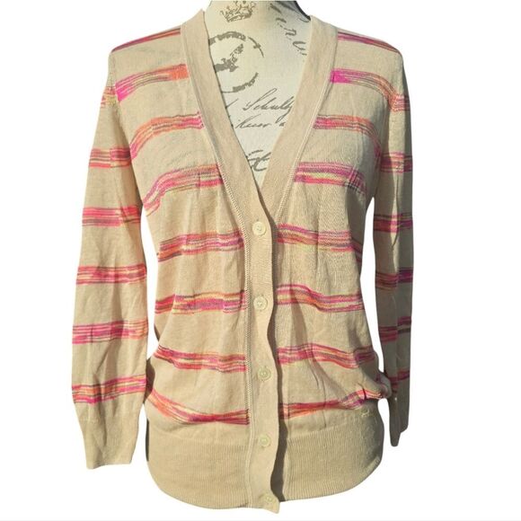 Loft Women's Multicolor Striped V-Neck 3/4 Sleeve Button Up Cardigan Size Medium - Picture 1 of 8